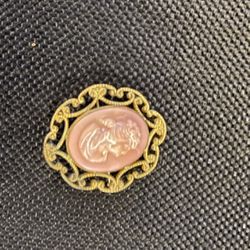 Antique Pink Glass Cameo Brooch C Clasp Brass Setting