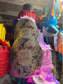 Floral happy birthday three tier pinata with balls