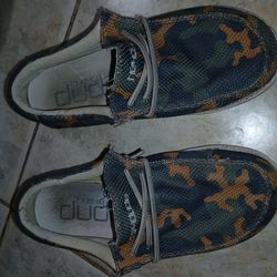Boys Hey Dudes shoes. Size 4 Camo & Tan $15 Both. Lots other brands Nike, Underarmour