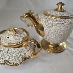 Karol China Homer Laughlin 22K Gold Teapot Cups Ceramic Set~Daisy~Flowers~1950s 