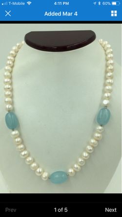 925 STER Silver Blue Jade & Pearl Necklace 20”