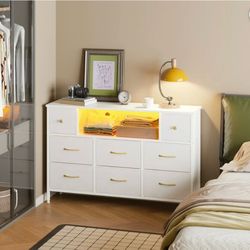 DRESSER - 8 Fabric Drawers Dresser for Bedroom with Power Outlets and LED Lights - Living Room, Entryway