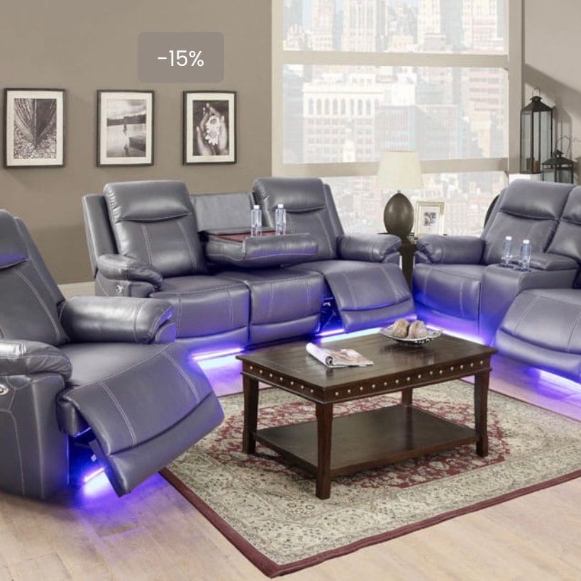 Power Electric Grey Leather Fully Reclining Three Piece Couch Set 