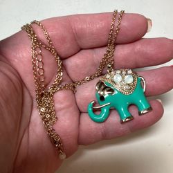 Stunning Teal Enamel Elephant Pendant Necklace 17” Drop