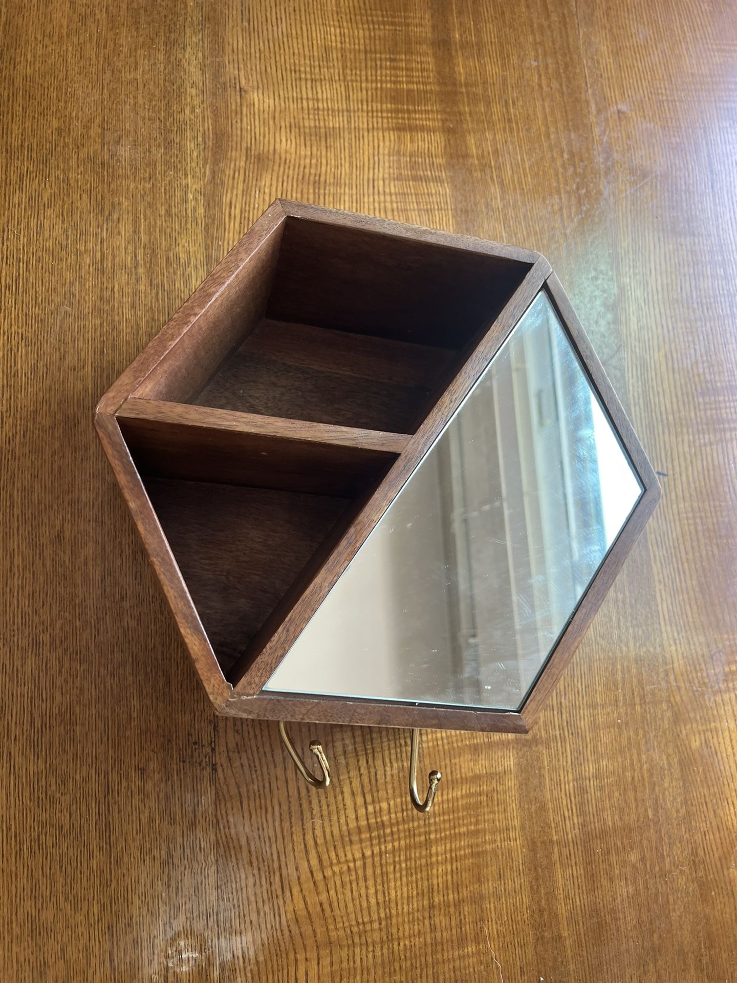 Hexagon Wall Shelf with Mirror & Hooks – Wood Hanging Organizer