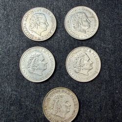 5 Nederland 1 Gulden Silver Coins
