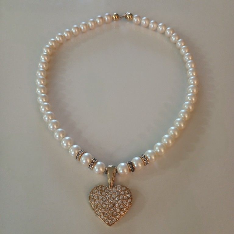 Monet Faux Pearl Heart Pendant Necklace 