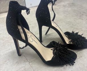 Jessica Simpson Black Rhinestone Fringe Ankle Strap Open Toe Stiletto Heels 10