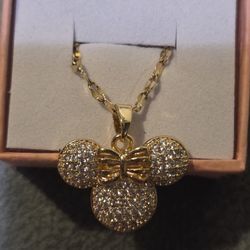 Rhinestone Encrusted Gold Tone Over Stainless Steel Mickey Mouse Pendant With Chain