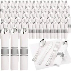 120pack Silver Plastic Silverware,Rolled Plastic Silverware,Pre Rolled Napkins With Plastic Cutlery Set,Wrapped Plastic Cutlery Set With Napkin,Silver