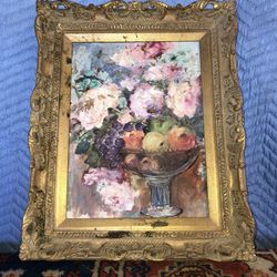 Ornate Antique Frame With Still Life Painting Front & Painting On Reverse Side 