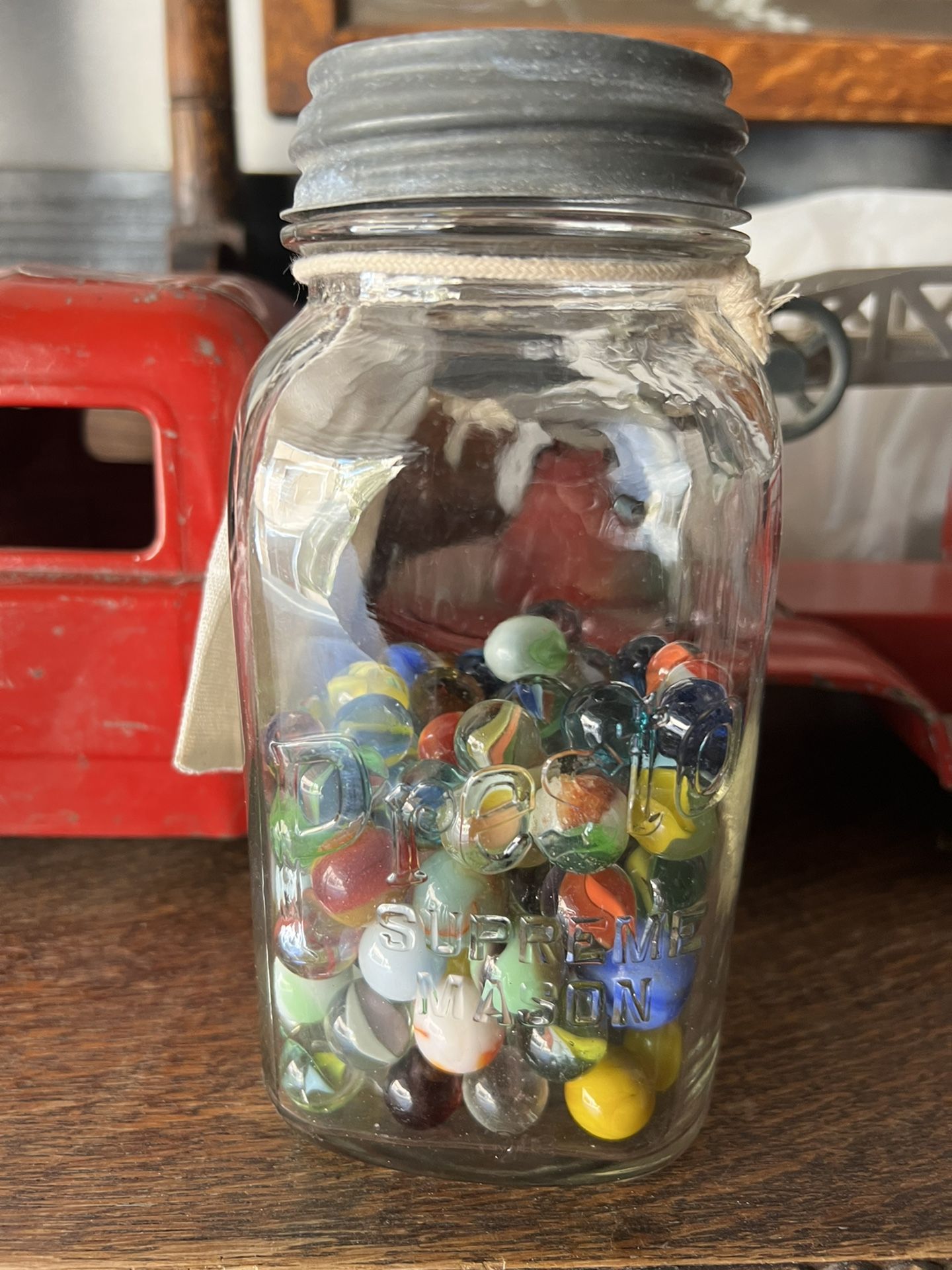 Antique Mason Jar Of Marbles