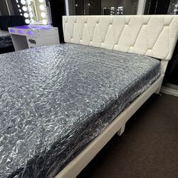 New King Size Creme Bed Frame + New King Mattress
