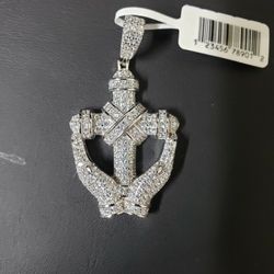 Sterling Silver Praying Hand Pendant With Cross 