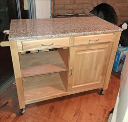 Solid Wood Kitchen Island / Rolling Cart with Polished Granite Top (Excellent Condition!)