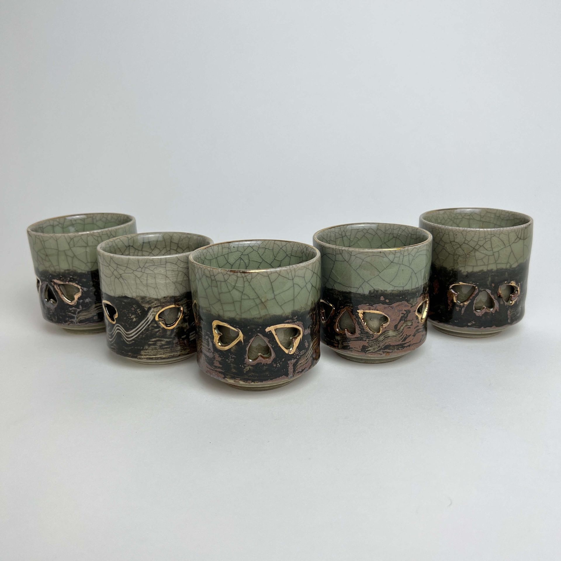 Vintage Japanese Otagiri Soma Ware Set of 5 Tea Cups. Somayaki Double Wall, Crackle, Gold Horse, Heart Cutout.