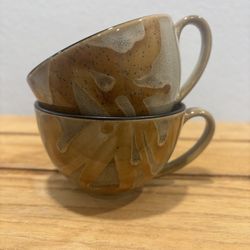 Pier 1 Kioko hand-painted speckled golden floral pattern black interior Teacups!