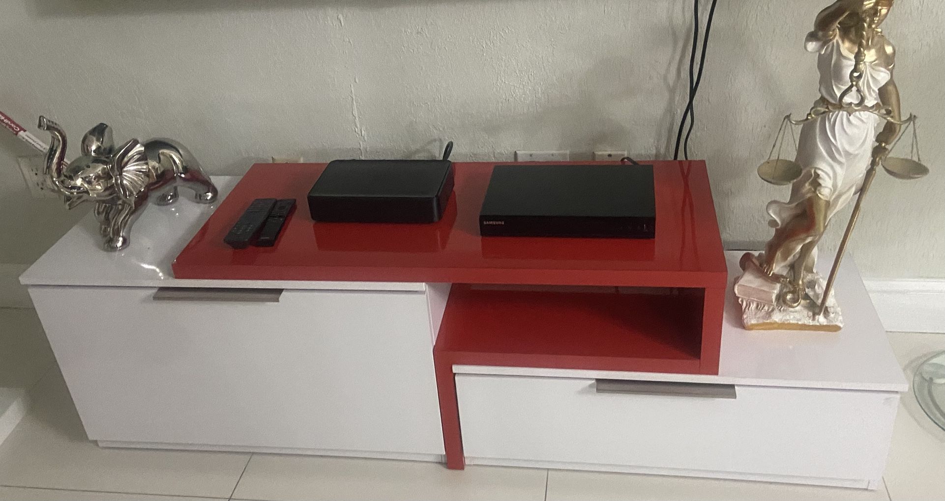 Modern Glossy Red & White TV Stand with Storage – Excellent Condition