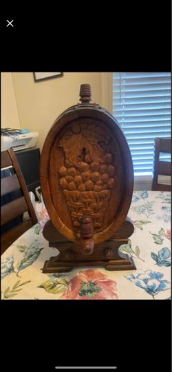 Vintage Oak hand carved wine barrel. Dispensary working parts, oak with iron bands.
