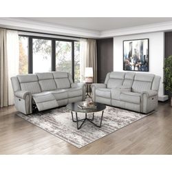 Brand New Biege Textured Microfiber Power Reclining Sofa + Loveseat With Cup Holders And USB Ports