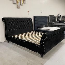 Master Bedroom Furniture ⭐ Black Velvet Tufted Design Sleigh Canopy Bed Frame ⭐$39 Down Payment with Financing ⭐ 90 Days same as cash