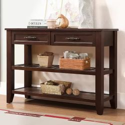 Retro and Modern Design 42 in. Espresso Rectangle Solid Wood Console Table Sofa Table with 2 Drawers and 2 Open Shelves