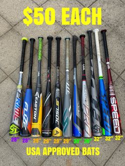 Baseball Bats USA approved Sizes are labeled in the pictures $50 each firm have more equipment available