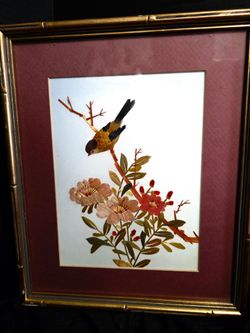 Vintage Asian bird art features handmade straw patchwork in a bamboo style frame 9.75"×11.75"