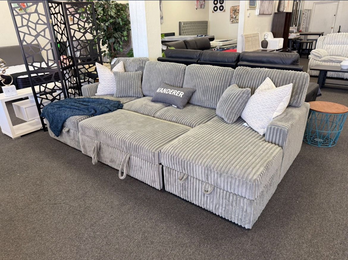 Grey Corduroy Sleeper Sofa With Double Storage Chaise