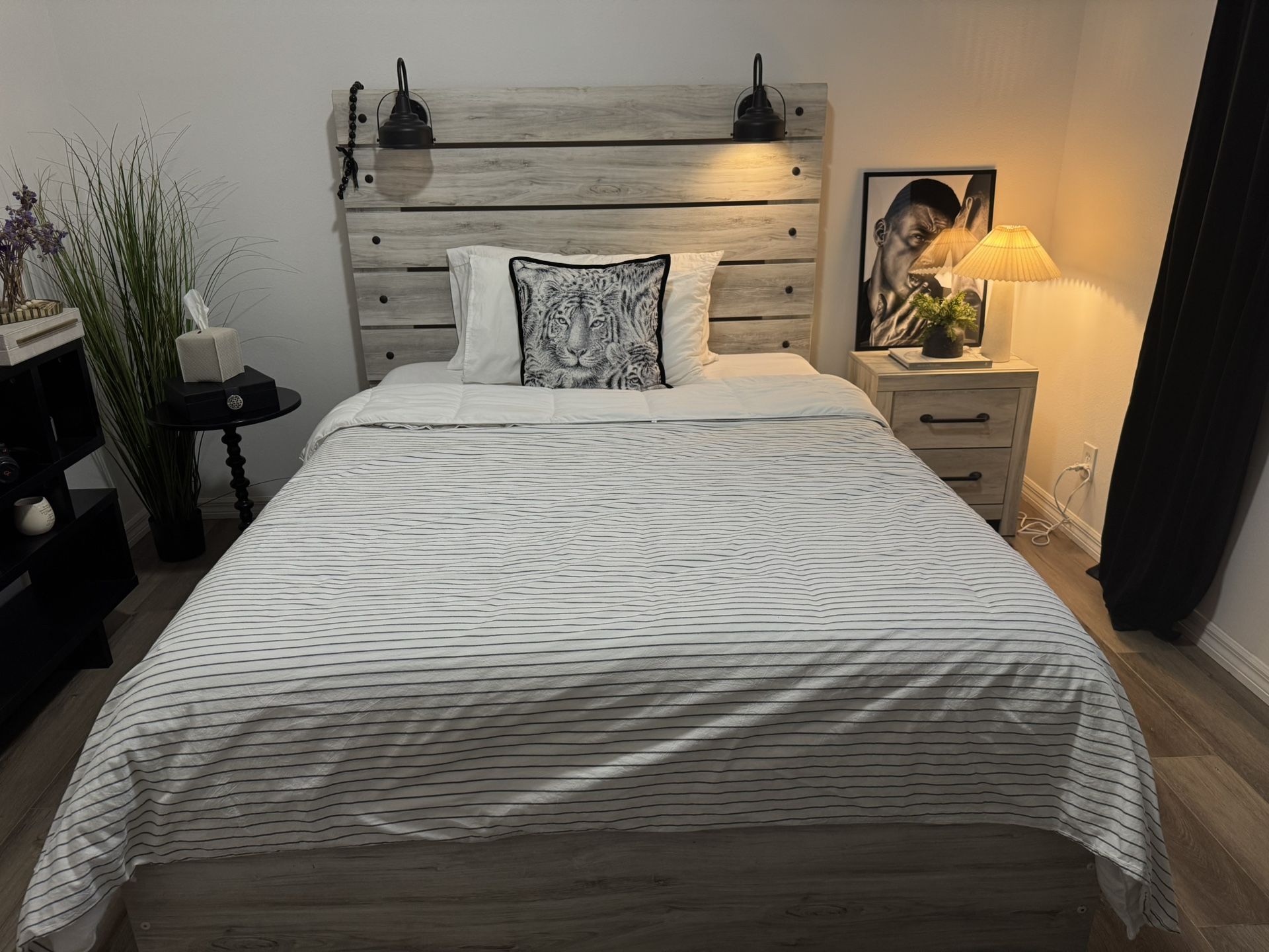 Queen Bed w/ 12” Mattress + Nightstand – $650