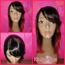 12" Brazilian Virgin Ombre Red Side Bang Bob Human Hair Wig 