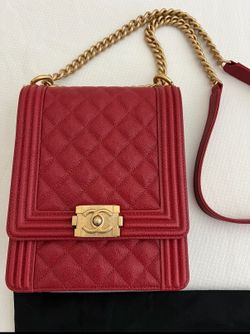 NEW - CHANEL Red Quilted Caviar North-South Boy Bag Crossbody with Gold Chain