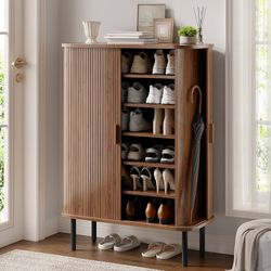 6-Tier Shoe Cabinet with Sliding Door, Wooden Shoe Storage Cabinet with Adjustable Shelves, Mid-Century Modern Freestanding Shoe Storage Organizer for
