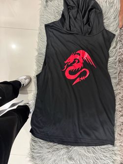 Black Sleeveless Hoodie with Red Dragon Print