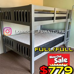 Full/Full Gray Wooden Bunk bed w. Ortho Mattresses Included 