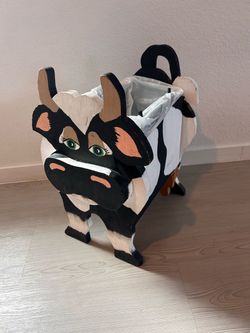 Rustic Hand-Painted Wood Cow Wastebasket / Plant Holder