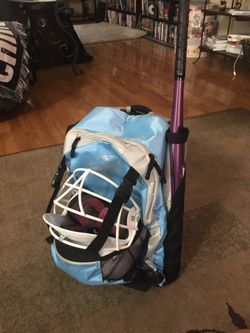 Softball equipment (bag, helmet, bat, batting gloves, Nike cleats size 9)