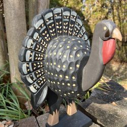 16” Hand Carved & Painted Wood Turkey-Vintage Thanksgiving