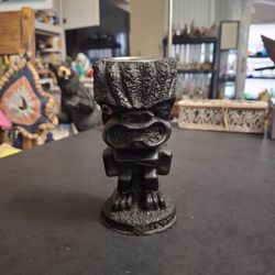 Hand-carved Lava Polyart Tiki Aloha Hawaii Souvenir Candle Holder In Black, Vintage 80's Attributed To Coco Joe's 5.5"H