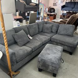 3 Piece Sectional Sofa Gray Corduroy