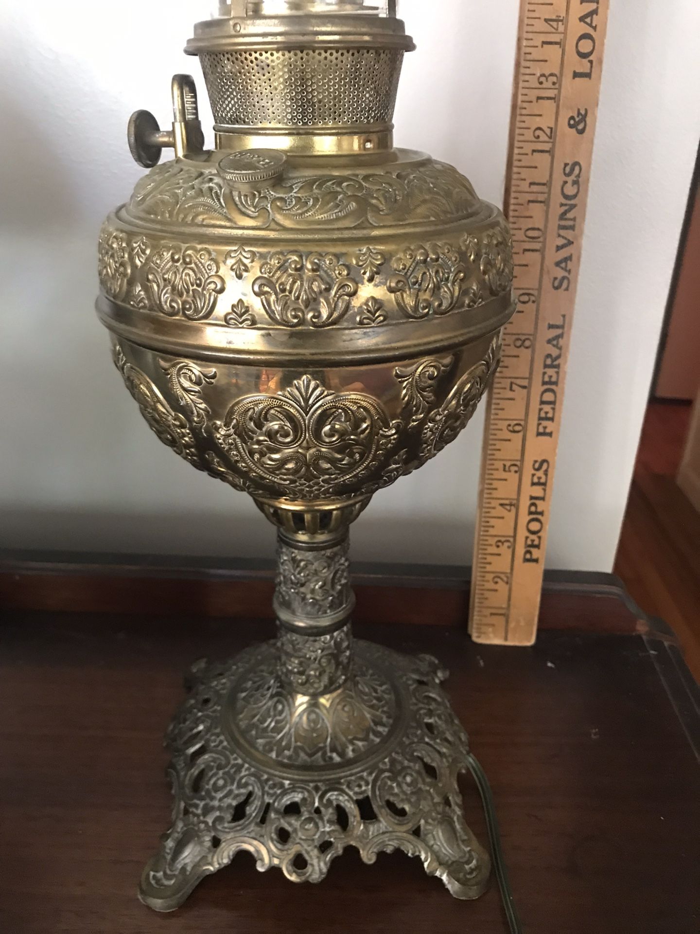 Vintage B&H Brass Oil Lamp - Electrified