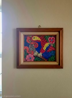 Framed artwork handmade Mola textile applique from Panama Red Blue Parrot Design 19.5"×17"