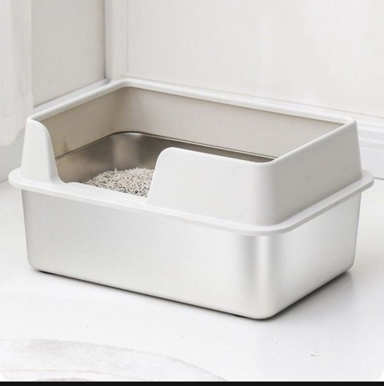 Stainless Steel Cat Litter Box, Detachable Lid Semi Enclosed with Scoop, Splash Proof Large Open Top High Side Litter Box Easy to Clean