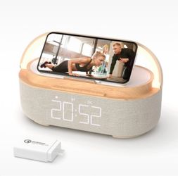 COLSUR Bluetooth Speaker Alarm Clock with Wireless Charger, FM Radio, Adjustable LED Night Light, 6 in 1 Bedroom Portable Speaker 2500mAh, Phone Stand