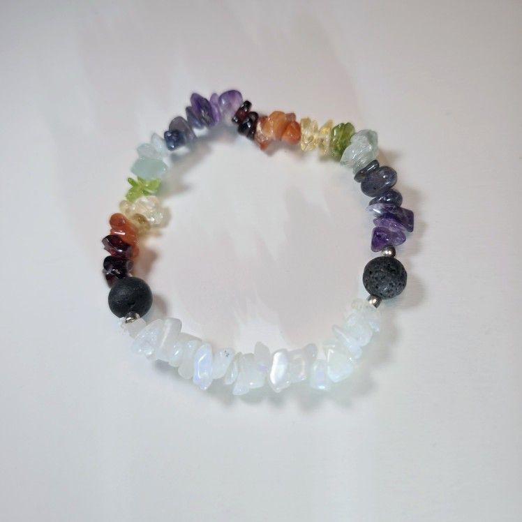 1pc 7 Color Chakra Stones & Rainbow Moonstone Combo Healing Crystal Bracelet with Gemstone Chips + 8mm Round Lava Beads