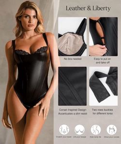 Popilush Faux Leather Shapewear Bodysuit Lace Body Suits for Womens Tummy Control Corset Tops Thong Body Shaper