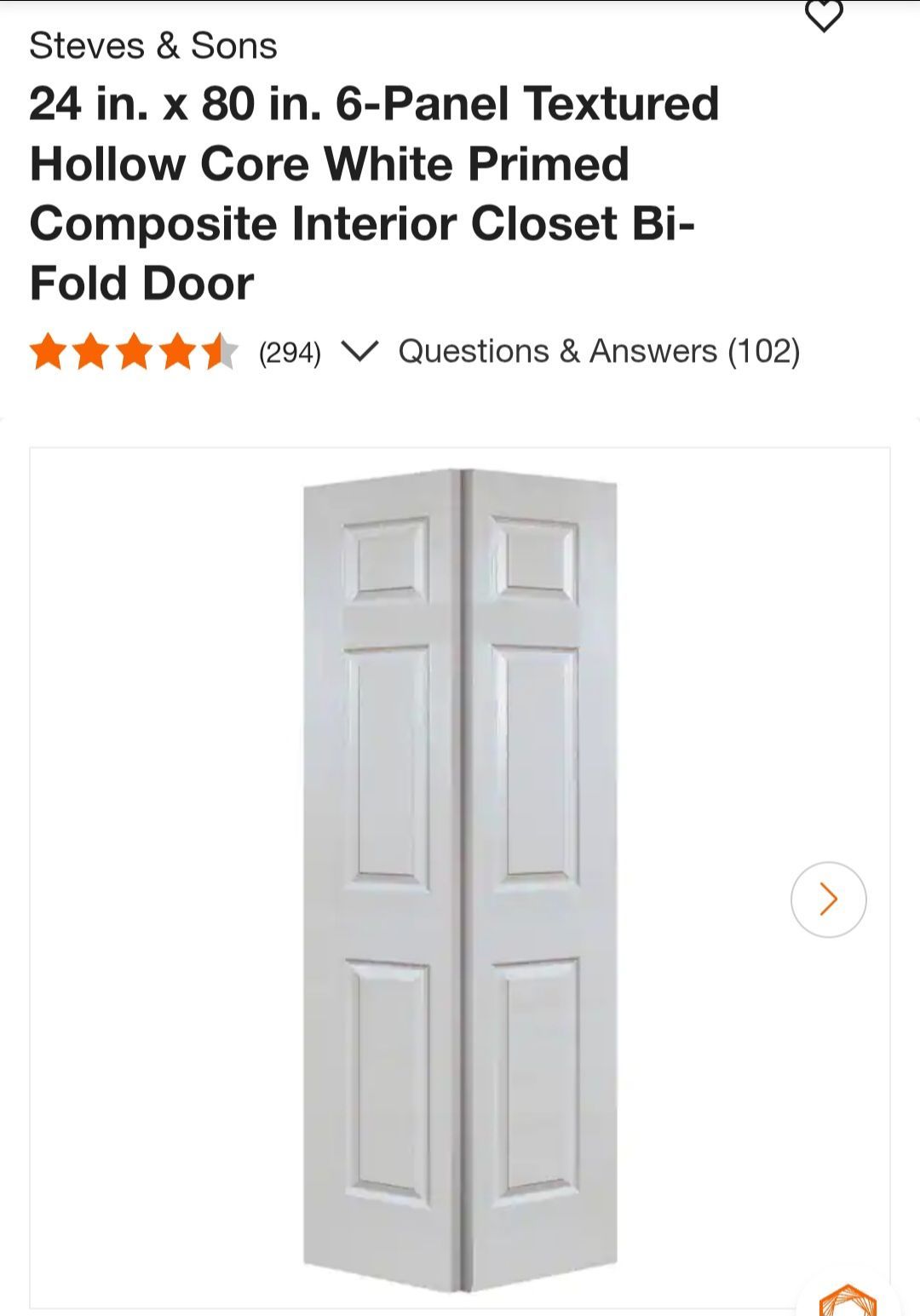 Steves & Sons
24 in.x 80 in. 6-Panel Textured Hollow Core White Primed Composite Interior Closet Bi- Fold Door