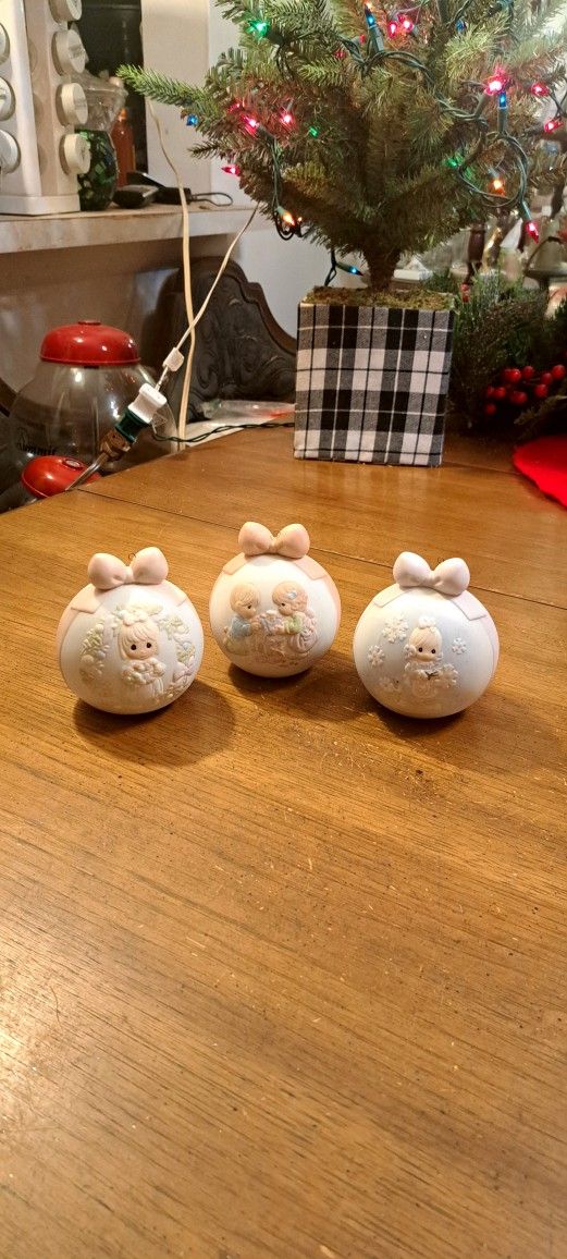 Collectible Precious Moments Set Of 3 Bisque Porcelain Christmas Ornaments, Hand Painted In Beautiful Pastels