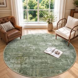New/6ft Round Abstract Washable Area Rug for Living Room Green carpet for bedroom, nursery, office, dining room, non-slip, soft, stain-resistant, thin