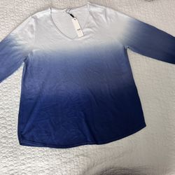  Chicos Size 2 Dip Dye Tierred Ombre Blue Pullover Shirt 3/4 Sleeve Tunic Top $50